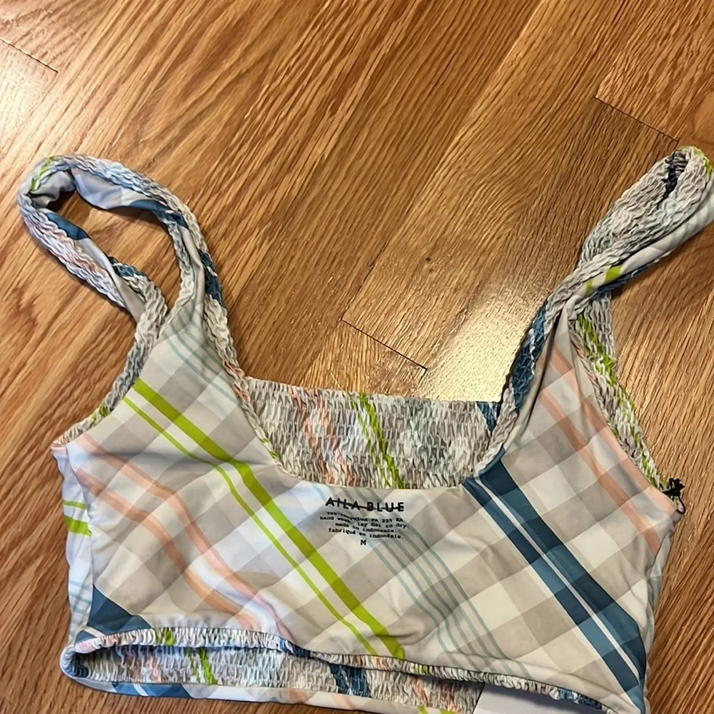 NWT Aila Blue Printed Pixie Bikini Top Provence Plaid Medium